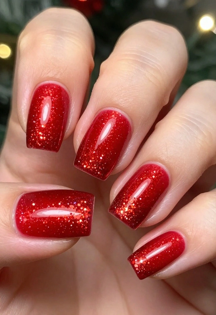 21 Chic Red Holiday Nails That Are Perfect for Winter Celebrations – Don’t Miss #5! - 8. Red Glitter Fade 1
