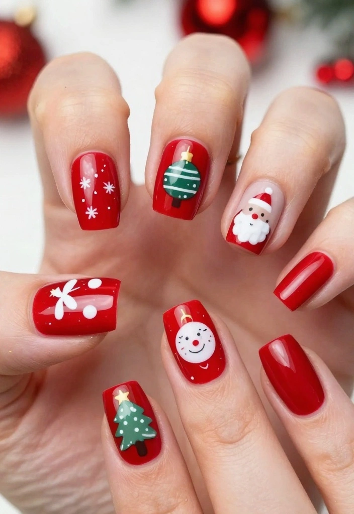 21 Chic Red Holiday Nails That Are Perfect for Winter Celebrations – Don’t Miss #5! - 9. Holiday Ornaments on Red 1