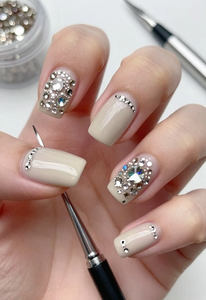 21 Elegant Beige Nail Art Ideas That Will Take Your Manicure to the Next Level! - 7. Beige with Rhinestones 1