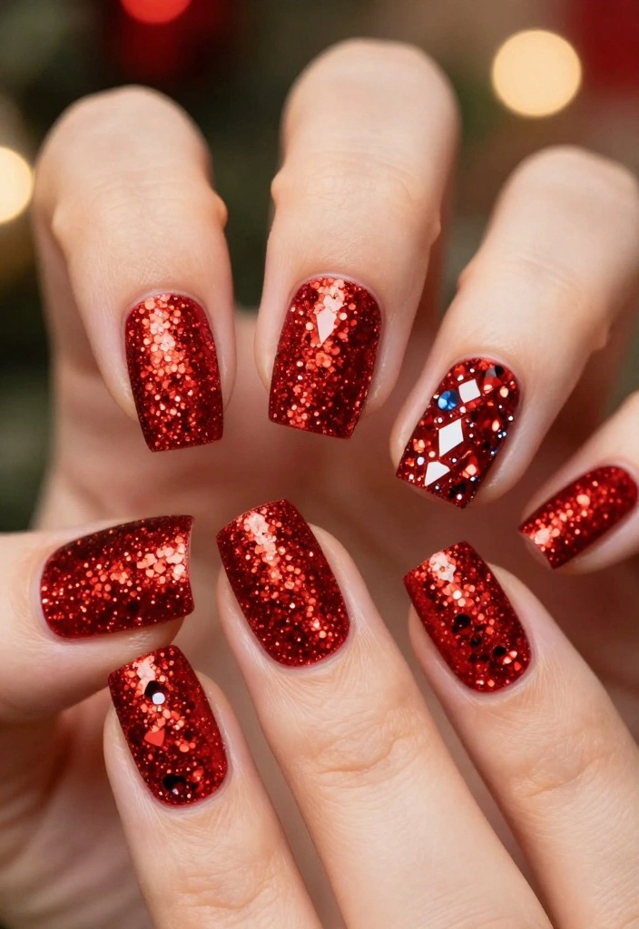 21 Festive Red Sparkle Nails Designs That Will Steal the Show This Season! - 16. Textured Red Glitter with Rhinestones 1
