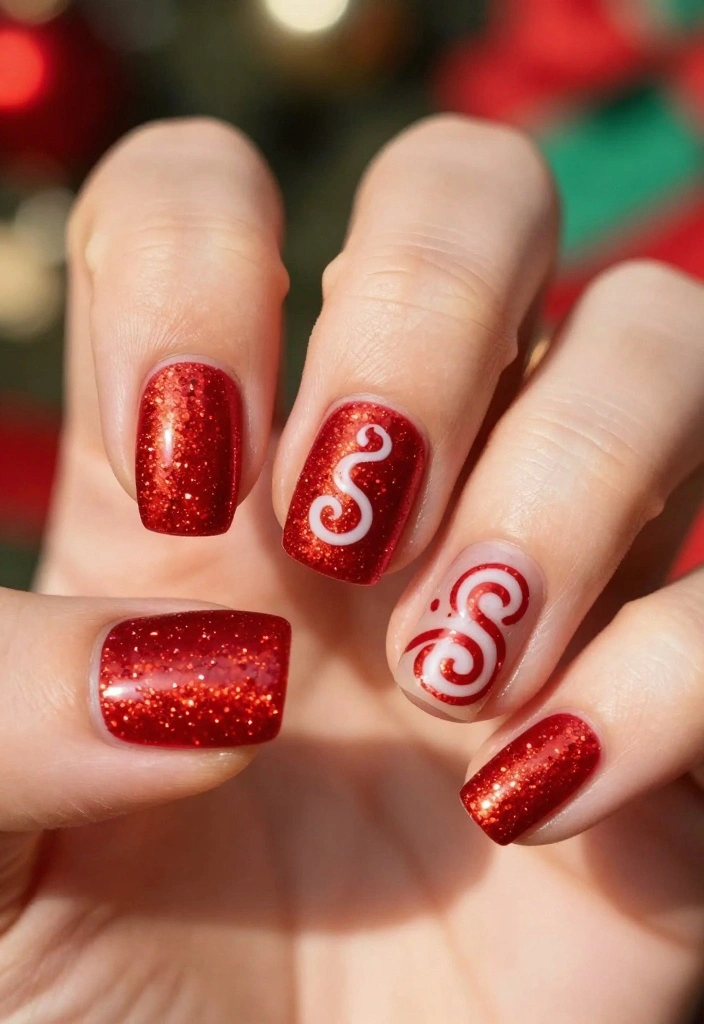 21 Festive Red Sparkle Nails Designs That Will Steal the Show This Season! - 17. Cheery Red Glitter Spirals 1