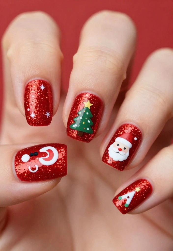 21 Festive Red Sparkle Nails Designs That Will Steal the Show This Season! - 20. Classic Red Sparkle with Holiday Icons 1
