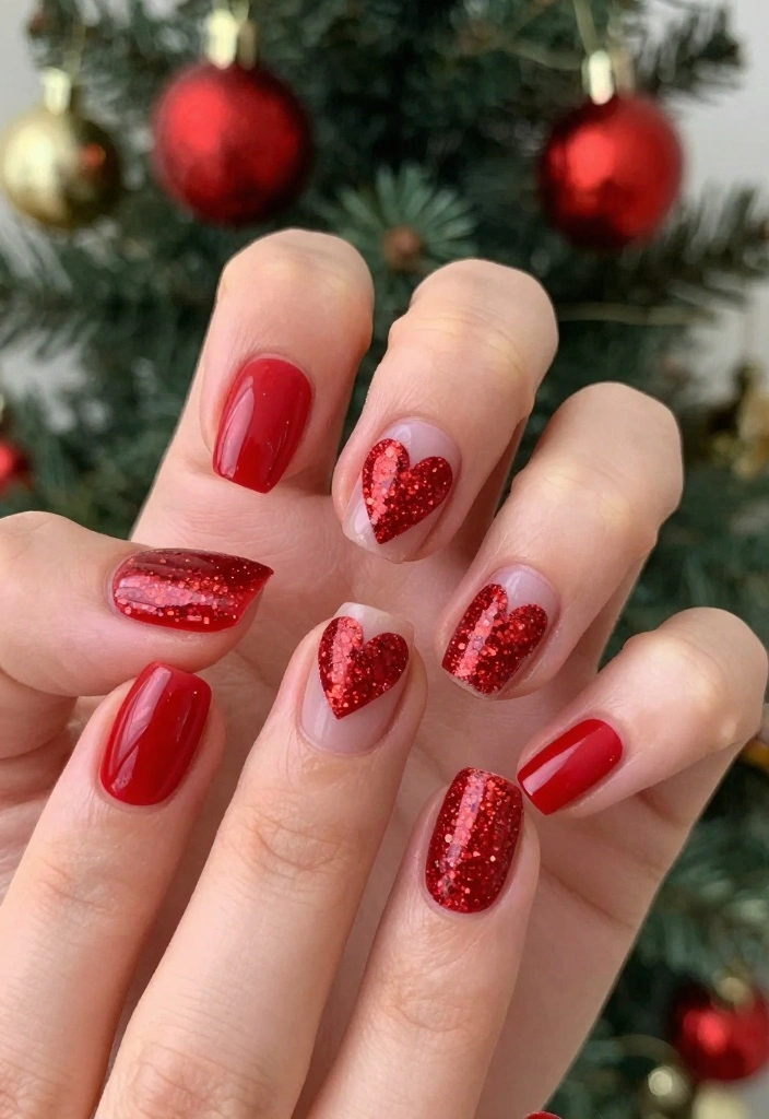 21 Festive Red Sparkle Nails Designs That Will Steal the Show This Season! - 7. Whimsical Red Glitter Hearts 1