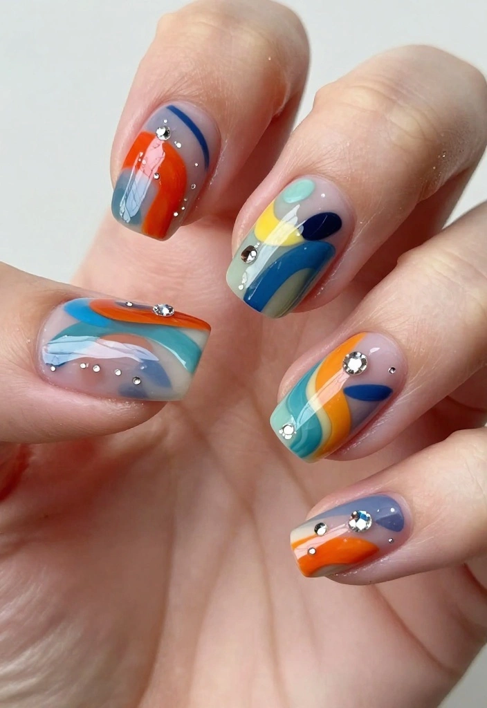 22 Eye-Catching Rhinestone Nail Designs for Every Occasion! - 10. Artistic Abstract Designs 1