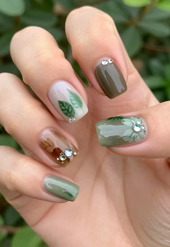 22 Eye-Catching Rhinestone Nail Designs for Every Occasion! - 21. Nature Inspired Nails 1