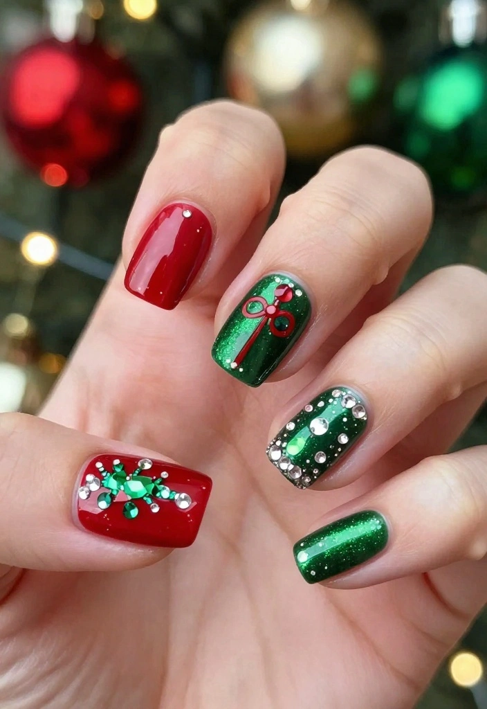 22 Eye-Catching Rhinestone Nail Designs for Every Occasion! - 3. Festive Holiday Sparkle 1