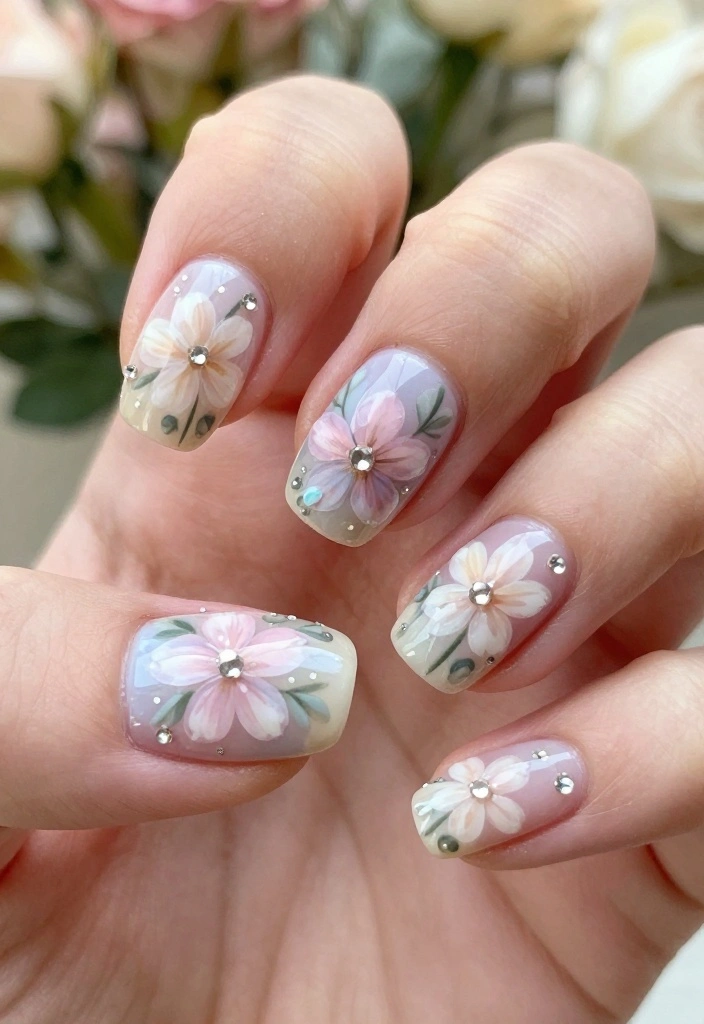22 Eye-Catching Rhinestone Nail Designs for Every Occasion! - 7. Vintage Floral Elegance 1
