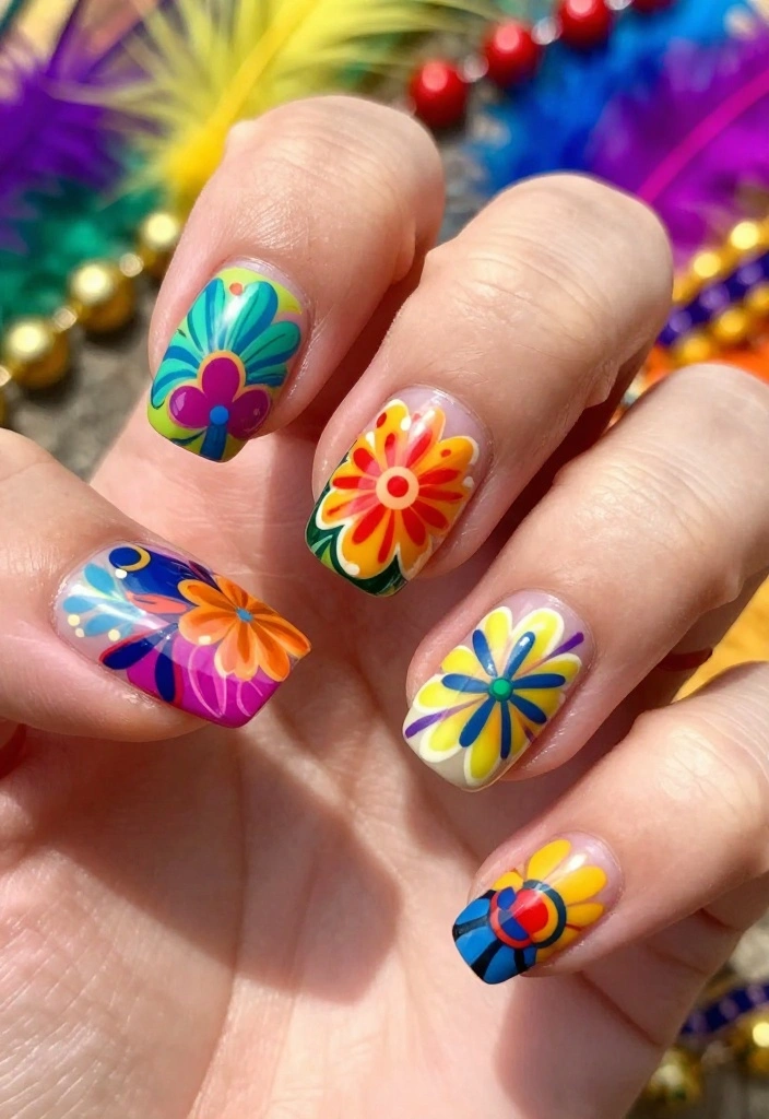 22 Floral Nail Art Inspirations That Will Transform Your Look! - 11. Festival Floral Vibes 1