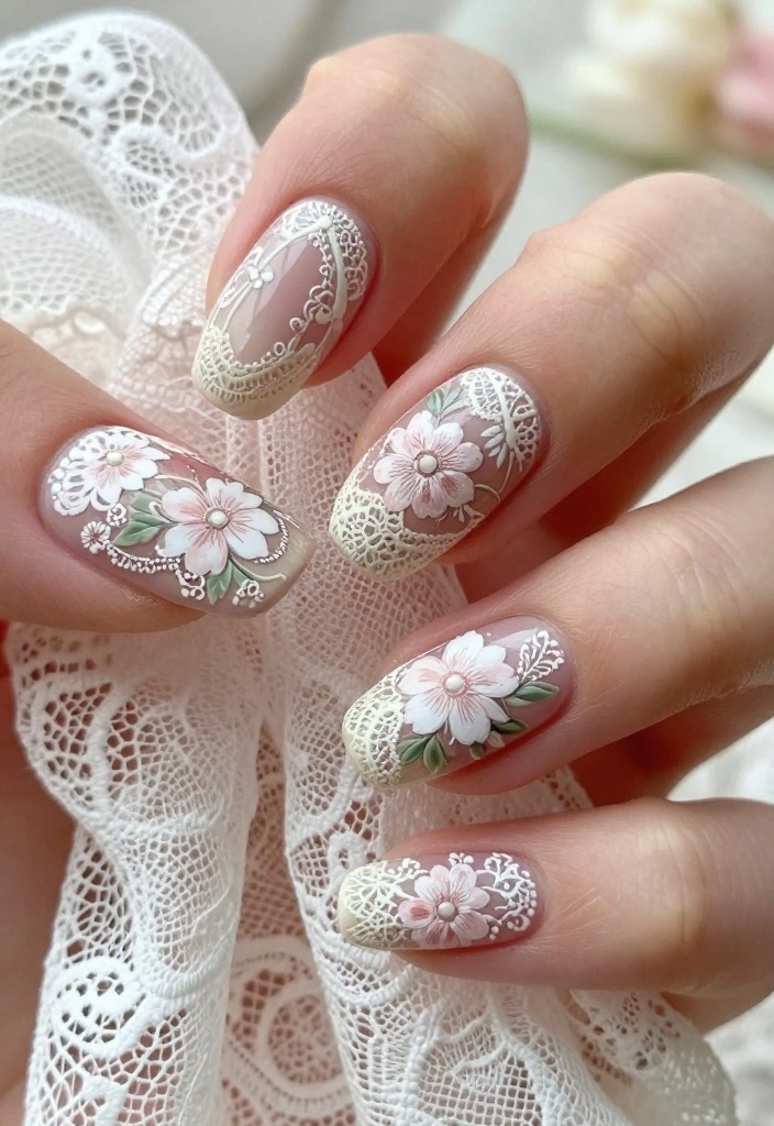 22 Floral Nail Art Inspirations That Will Transform Your Look! - 17. Vintage Floral Lace 1