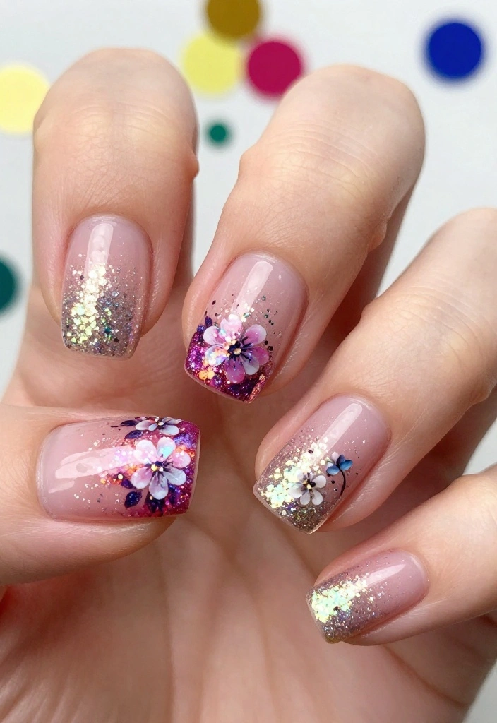 22 Floral Nail Art Inspirations That Will Transform Your Look! - 18. Floral Glitter Gradient 1