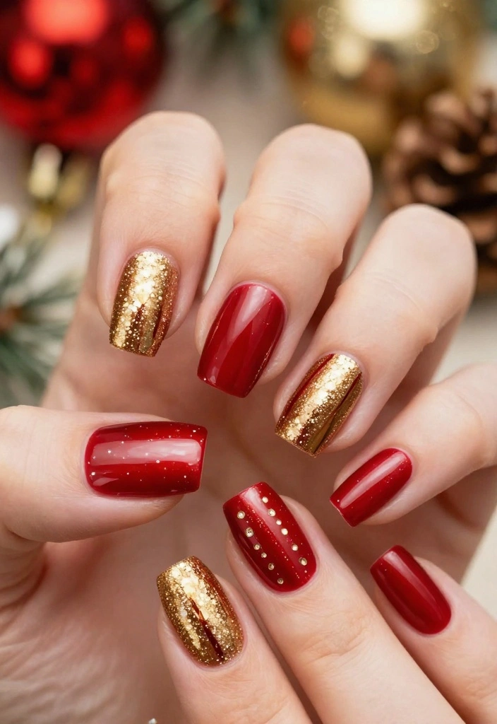 22 Nail Art Ideas for Winter That Are Perfect for Your Christmas Celebration! - 1. Classic Red and Gold Elegance 1