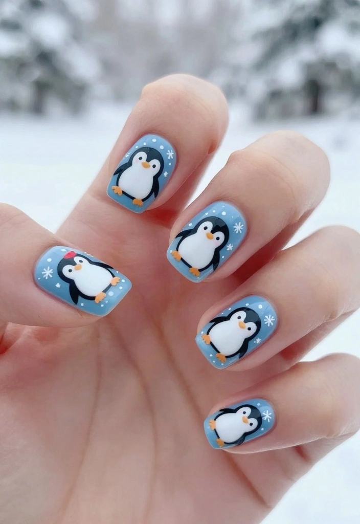 22 Nail Art Ideas for Winter That Are Perfect for Your Christmas Celebration! - 13. Whimsical Penguin Designs 1