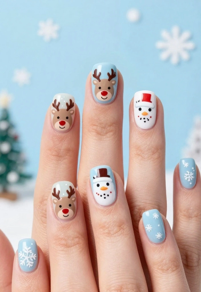 22 Nail Art Ideas for Winter That Are Perfect for Your Christmas Celebration! - 20. Reindeer and Snowman Fun 1