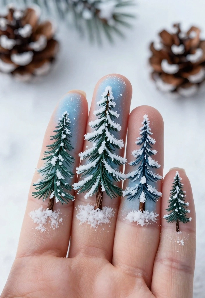 22 Sparkly Fun Holiday Christmas Nails That Are the Definition of Cheerful Christmas Vibes! - 17. Frosty Pine Trees 1
