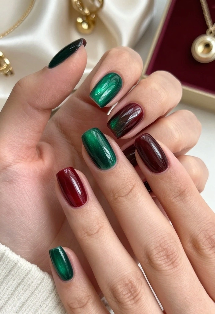 22 Sparkly Fun Holiday Christmas Nails That Are the Definition of Cheerful Christmas Vibes! - 21. Jewel-toned Elegance 1