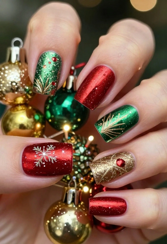22 Sparkly Fun Holiday Christmas Nails That Are the Definition of Cheerful Christmas Vibes! - 3. Glittering Ornaments 1