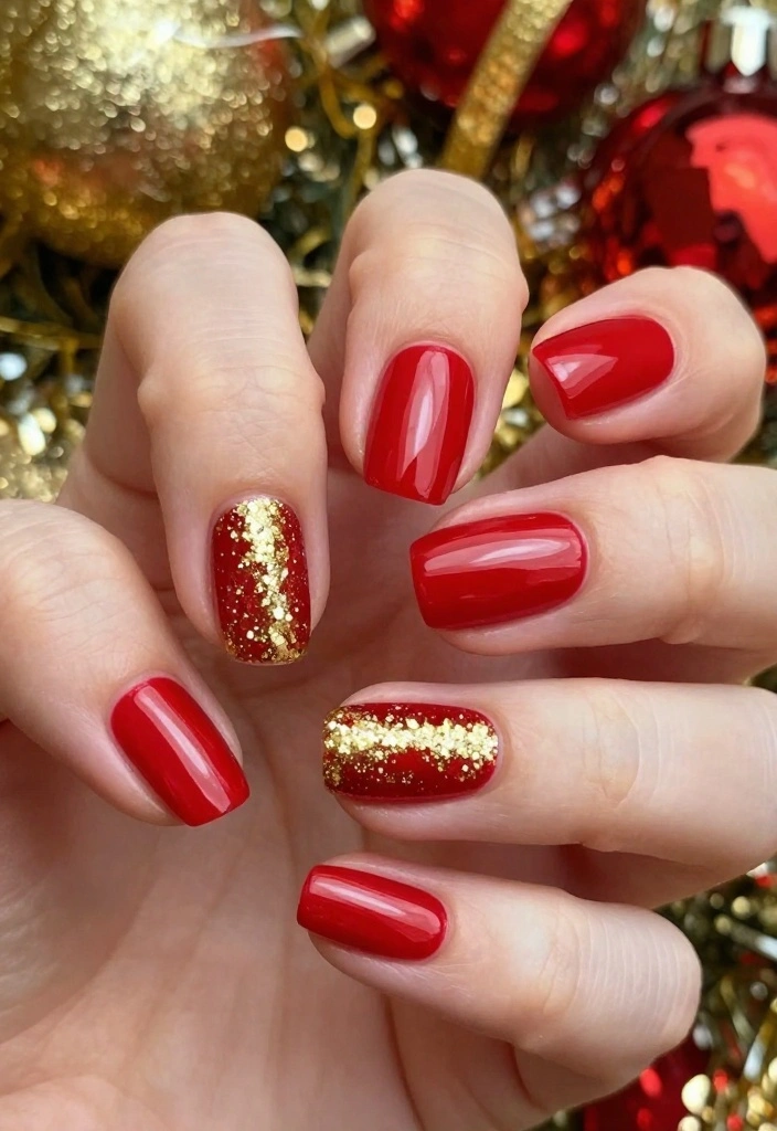 22 Sparkly Fun Holiday Christmas Nails That Are the Definition of Cheerful Christmas Vibes! - 5. Classic Red and Gold Glitter 1