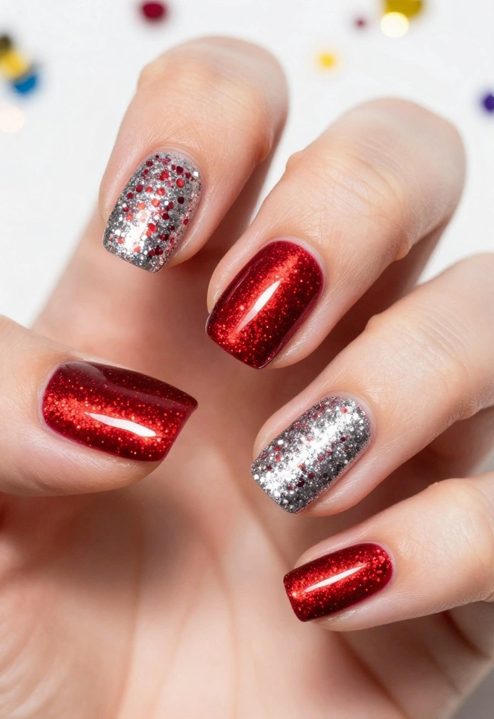 22 Stunning Red Nails Aesthetic Ideas That Will Turn Heads Everywhere! - 16. Sparkling Red and Silver Nails 1