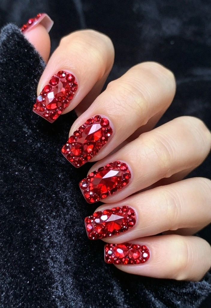 22 Stunning Red Nails Aesthetic Ideas That Will Turn Heads Everywhere! - 19. Red Nail Art with Rhinestones 1