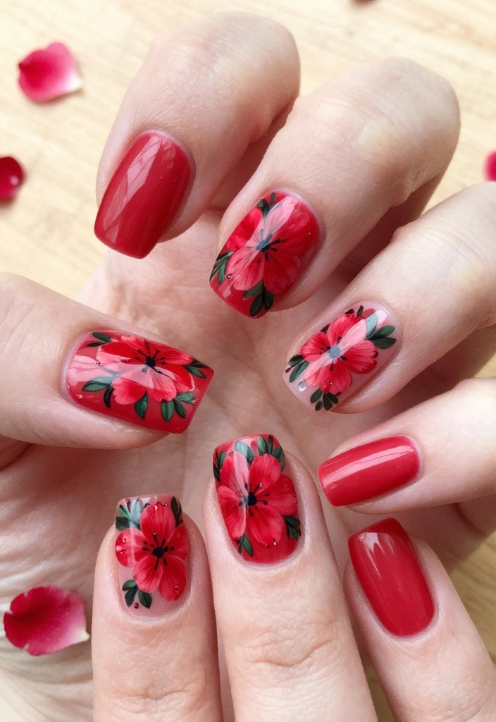 22 Stunning Red Nails Aesthetic Ideas That Will Turn Heads Everywhere! - 5. Red Floral Nail Art 1
