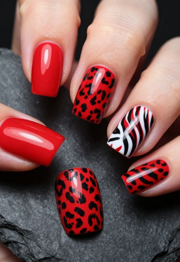 22 Stunning Red Nails Aesthetic Ideas That Will Turn Heads Everywhere! - 9. Red Animal Print Nails 1