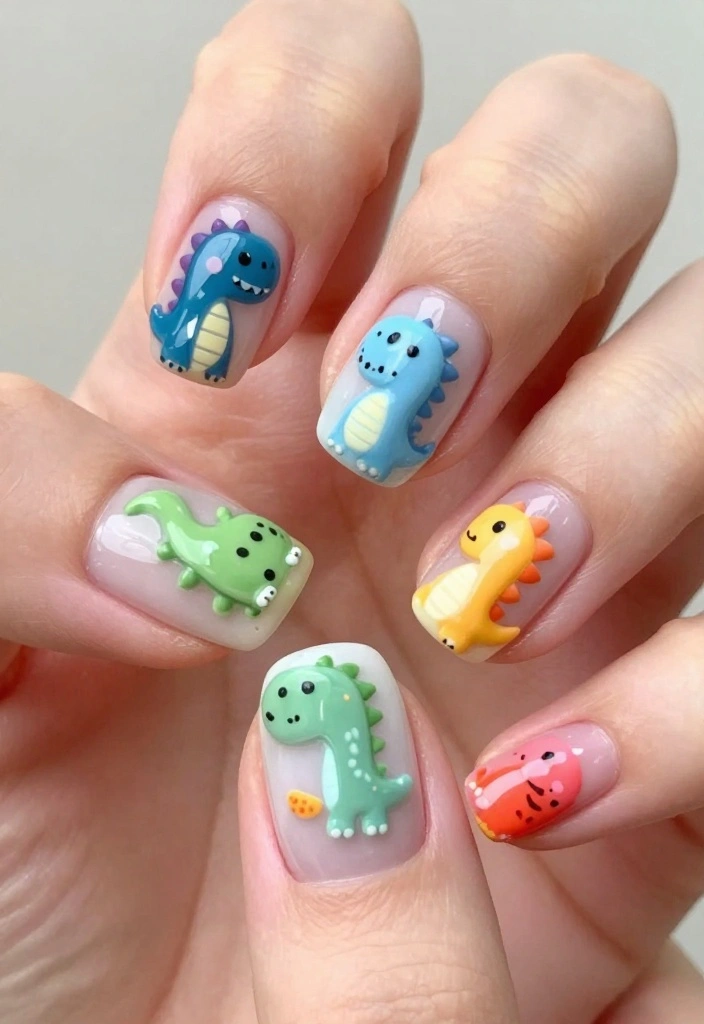 25 Baby Shower Nails for Boys: Nail Trends That Are a Celebration in Itself! - 19. Cute Dinosaurs 1