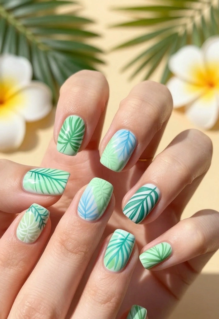 25 Colorful Pastel Nail Art Ideas That Are Perfect for Summer! 🍦 - 24. Tropical Leaves 1