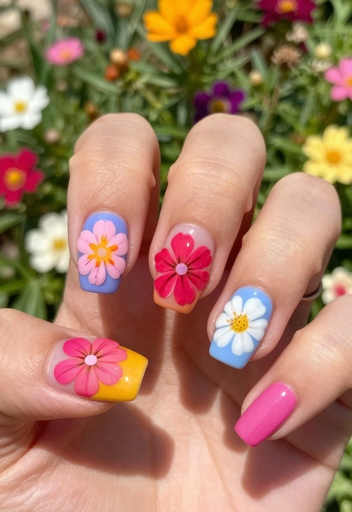 25 Creative Pool Nails Designs You Need to Try Before Summer Ends! - 14. Bright Floral Accents 1