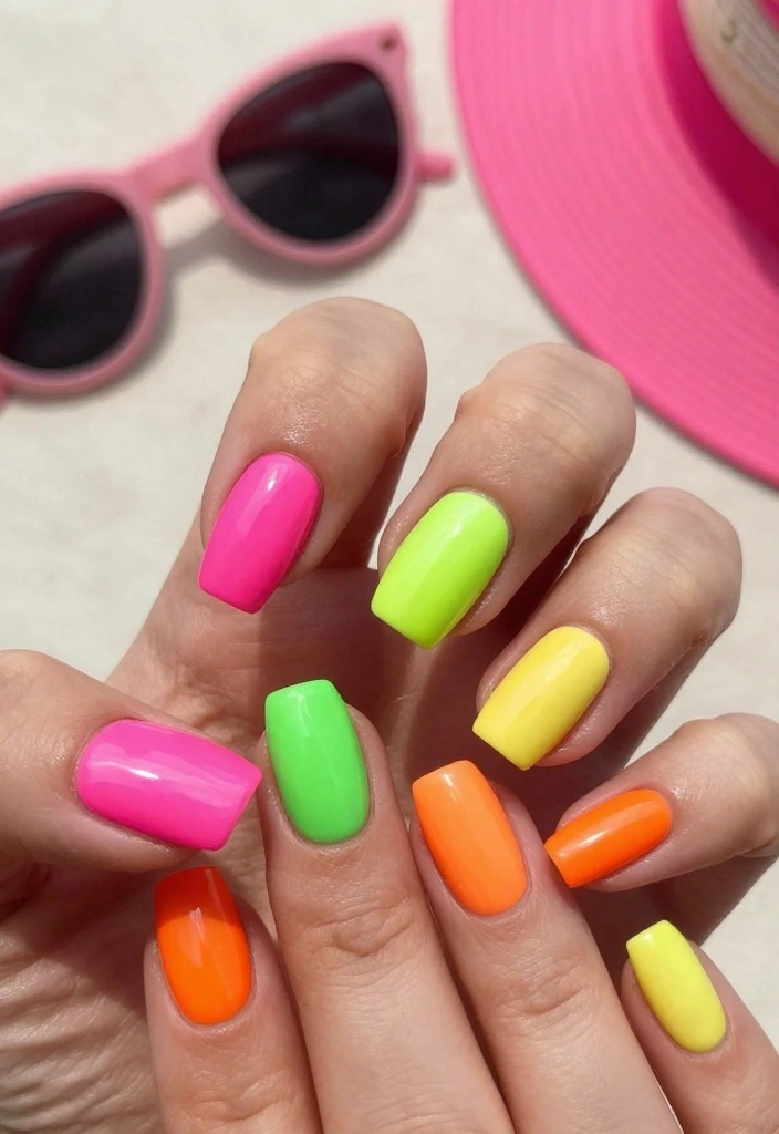 25 Creative Pool Nails Designs You Need to Try Before Summer Ends! - 19. Bright Neon Nails 1