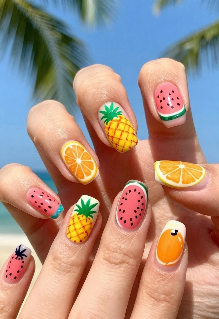 25 Creative Pool Nails Designs You Need to Try Before Summer Ends! - 2. Tropical Fruit Nail Art 1
