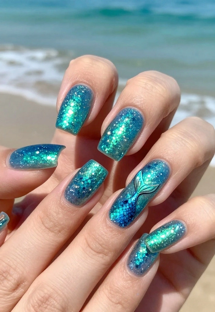 25 Creative Pool Nails Designs You Need to Try Before Summer Ends! - 21. Glitter Mermaid Tail Nails 1