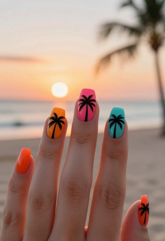 25 Creative Pool Nails Designs You Need to Try Before Summer Ends! - 7. Palm Tree Silhouettes 1