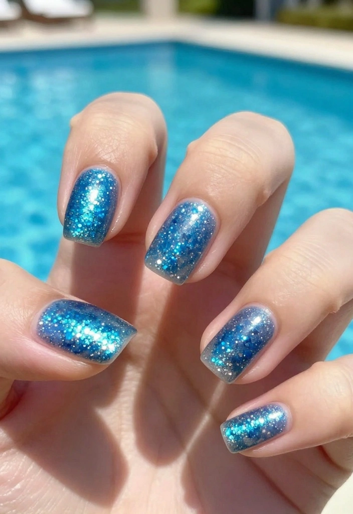 25 Creative Pool Nails Designs You Need to Try Before Summer Ends! - 8. Glittery Pool Water Nails 1