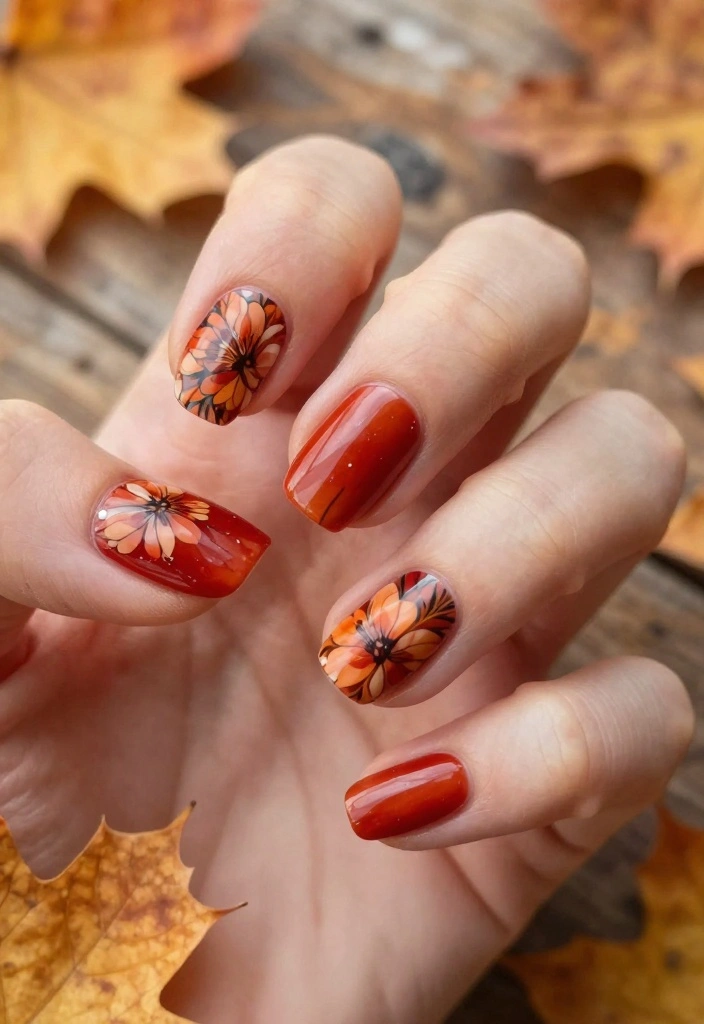 25 Gorgeous Flower Nail Art Ideas That Are Perfect for Any Occasion! - 13. Fall Floral Designs 1
