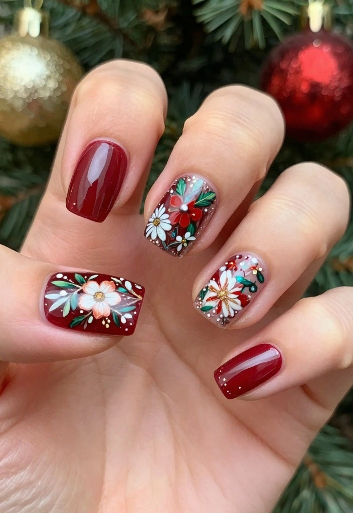 25 Gorgeous Flower Nail Art Ideas That Are Perfect for Any Occasion! - 14. Festive Holiday Florals 1