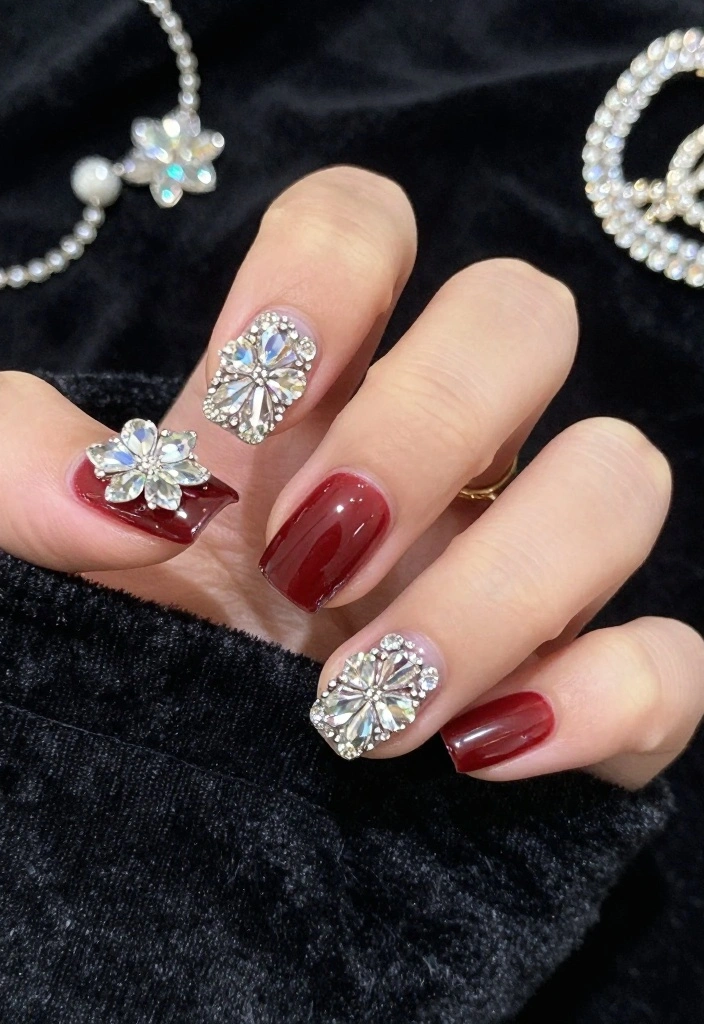 25 Gorgeous Flower Nail Art Ideas That Are Perfect for Any Occasion! - 15. Crystal Flower Accents 1