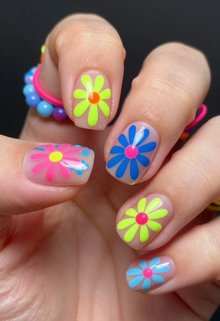 25 Gorgeous Flower Nail Art Ideas That Are Perfect for Any Occasion! - 20. Neon Flower Burst 1