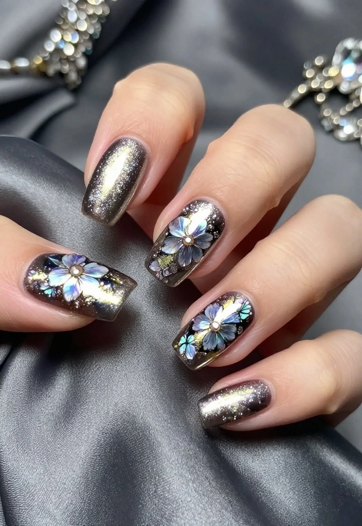 25 Gorgeous Flower Nail Art Ideas That Are Perfect for Any Occasion! - 25. Luxe Metallic Floral 1