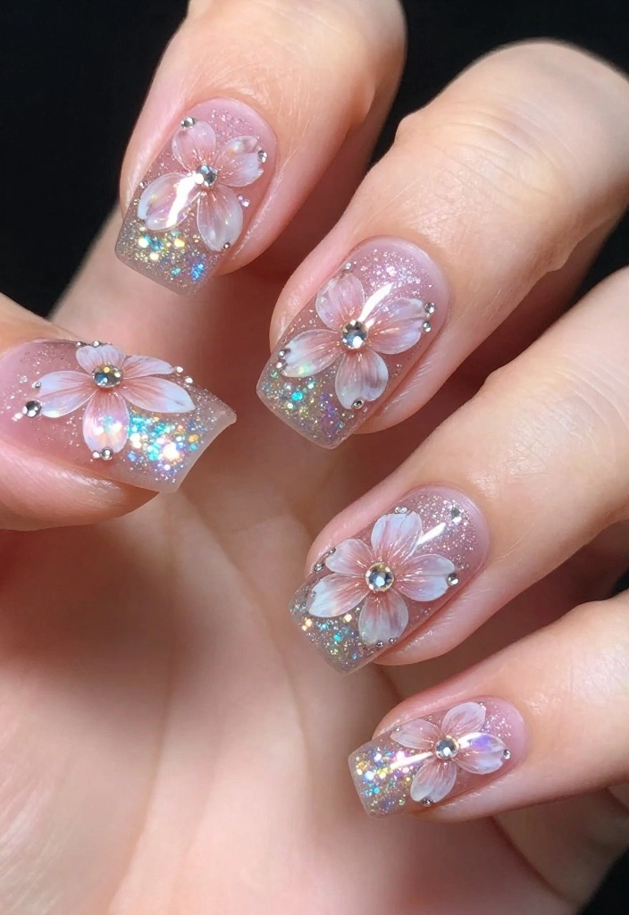 25 Gorgeous Flower Nail Art Ideas That Are Perfect for Any Occasion! - 7. Glitter Petals 1