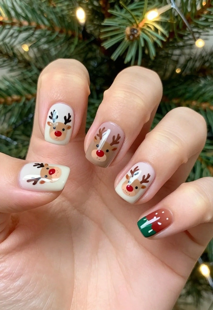 25 Square Christmas Nails Designs That Are Perfect for Your Holiday Parties! - 15. Reindeer Fun 1