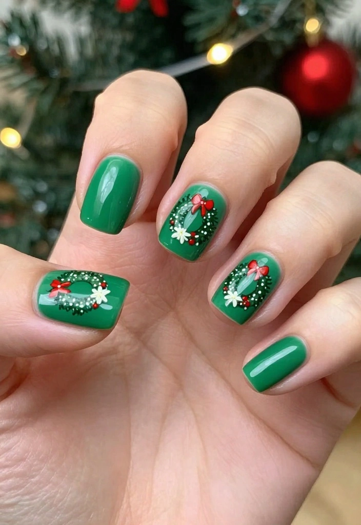 25 Square Christmas Nails Designs That Are Perfect for Your Holiday Parties! - 18. Christmas Wreaths 1