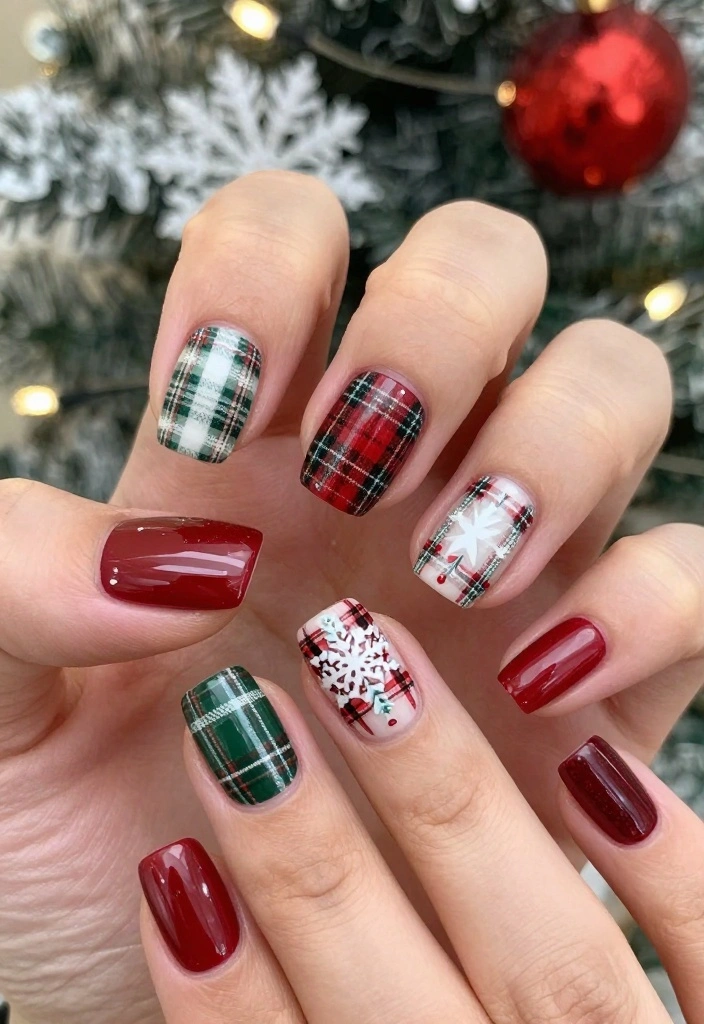 25 Square Christmas Nails Designs That Are Perfect for Your Holiday Parties! - 19. Festive Plaid 1