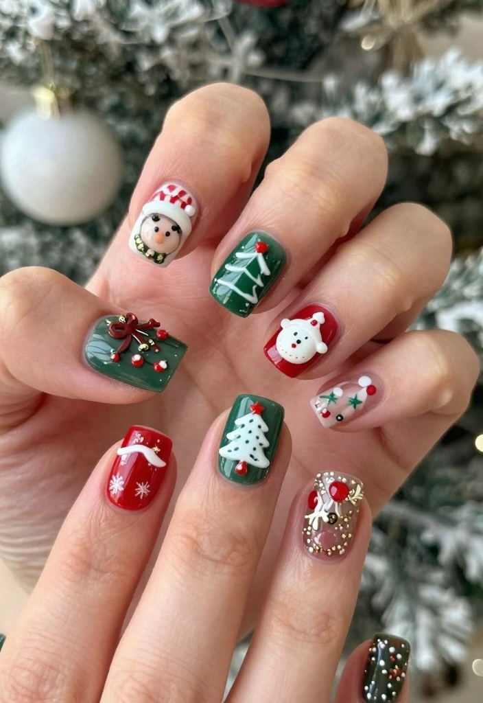 25 Square Christmas Nails Designs That Are Perfect for Your Holiday Parties! - 23. Holiday Charms 1