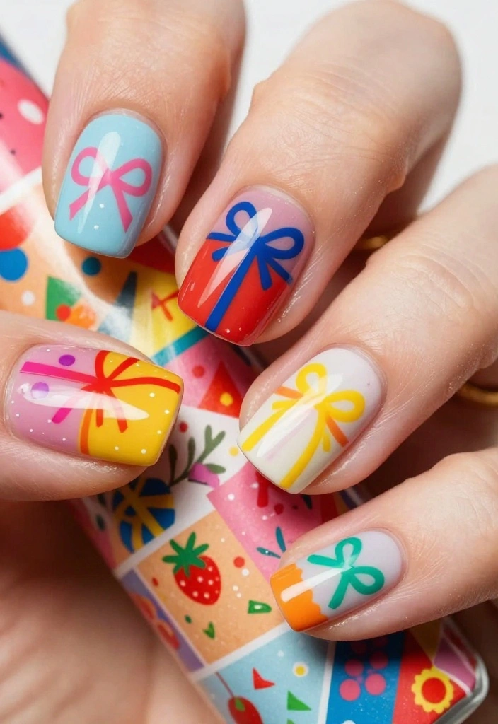 25 Square Christmas Nails Designs That Are Perfect for Your Holiday Parties! - 24. Colorful Gift Wrap 1