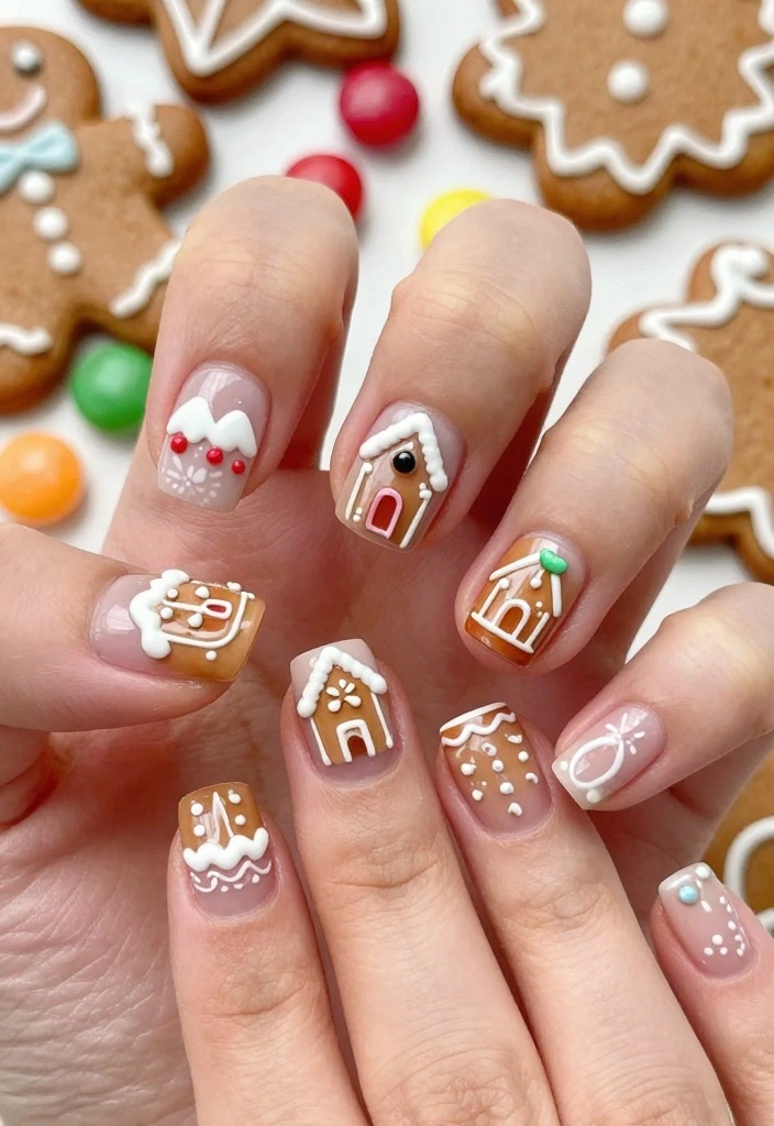 25 Square Christmas Nails Designs That Are Perfect for Your Holiday Parties! - 6. Gingerbread House Inspiration 1