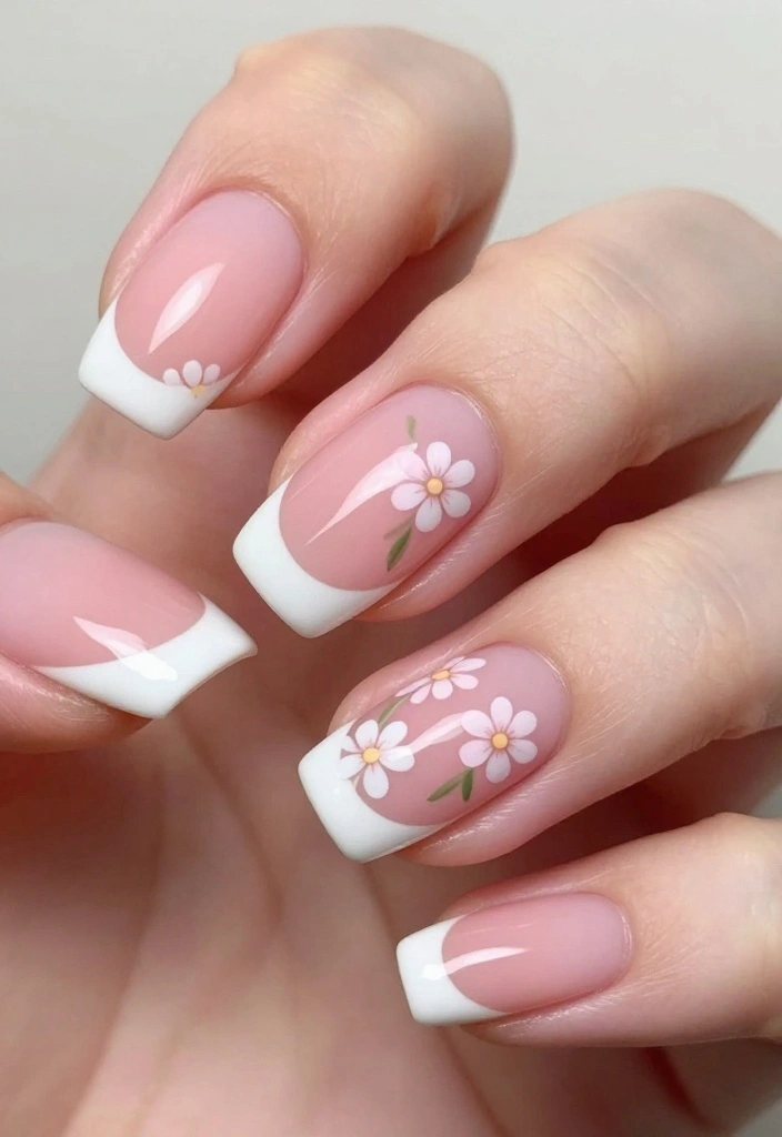 25 Stunning Nail Flower Designs That Will Make You the Center of Attention! - 10. Classic French Tips with Floral Twist 1