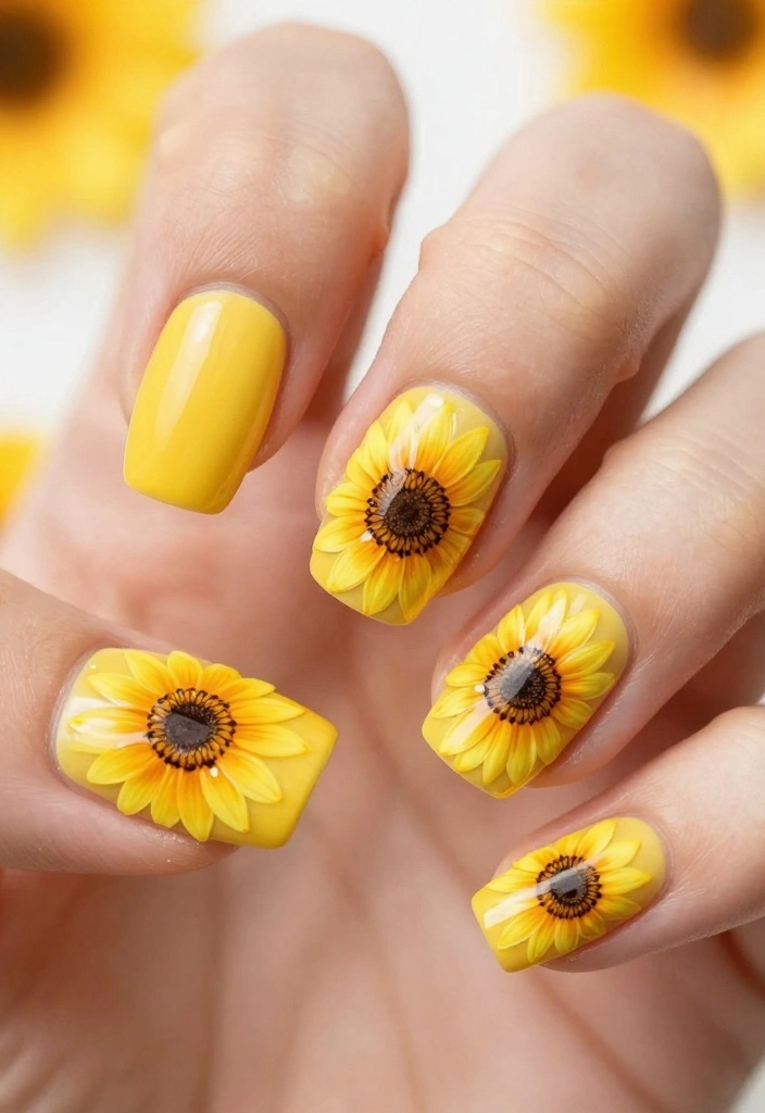 25 Stunning Nail Flower Designs That Will Make You the Center of Attention! - 11. Radiant Sunflower Designs 1