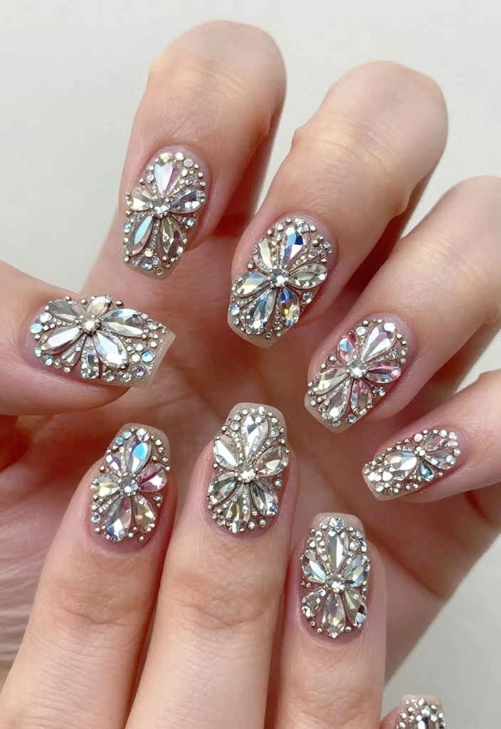 25 Stunning Nail Flower Designs That Will Make You the Center of Attention! - 15. Bejeweled Floral Designs 1