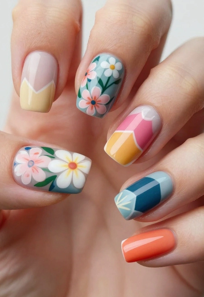 25 Stunning Nail Flower Designs That Will Make You the Center of Attention! - 19. Floral Geometric Patterns 1