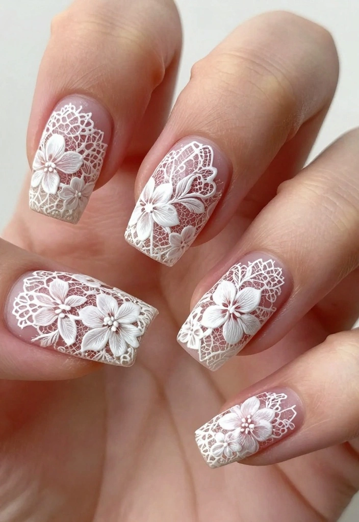 25 Stunning Nail Flower Designs That Will Make You the Center of Attention! - 20. Floral Lace Nail Art 1